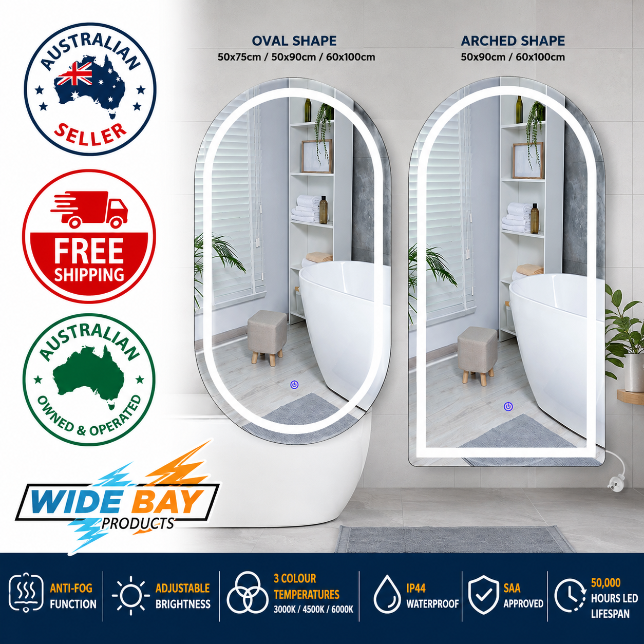 EMITTO LED Bathroom Wall Mirror with Anti-Fog, Adjustable Brightness & Colour Temperature, Oval & Arched, 50cm–100cm