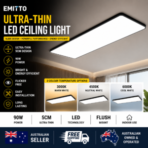 EMITTO 90W 3-Colour LED Ceiling Light Ultra-Thin 5cm Flush Mount Black Ceiling Light 65cm x 45cm