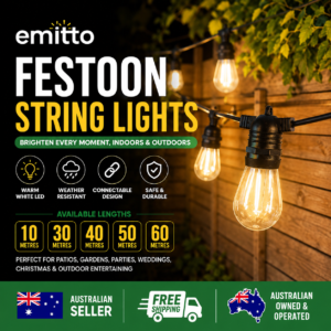 EMITTO LED Festoon String Lights Outdoor Waterproof Warm White Patio Garden Party Wedding Lights 10m 30m 40m 50m 60m