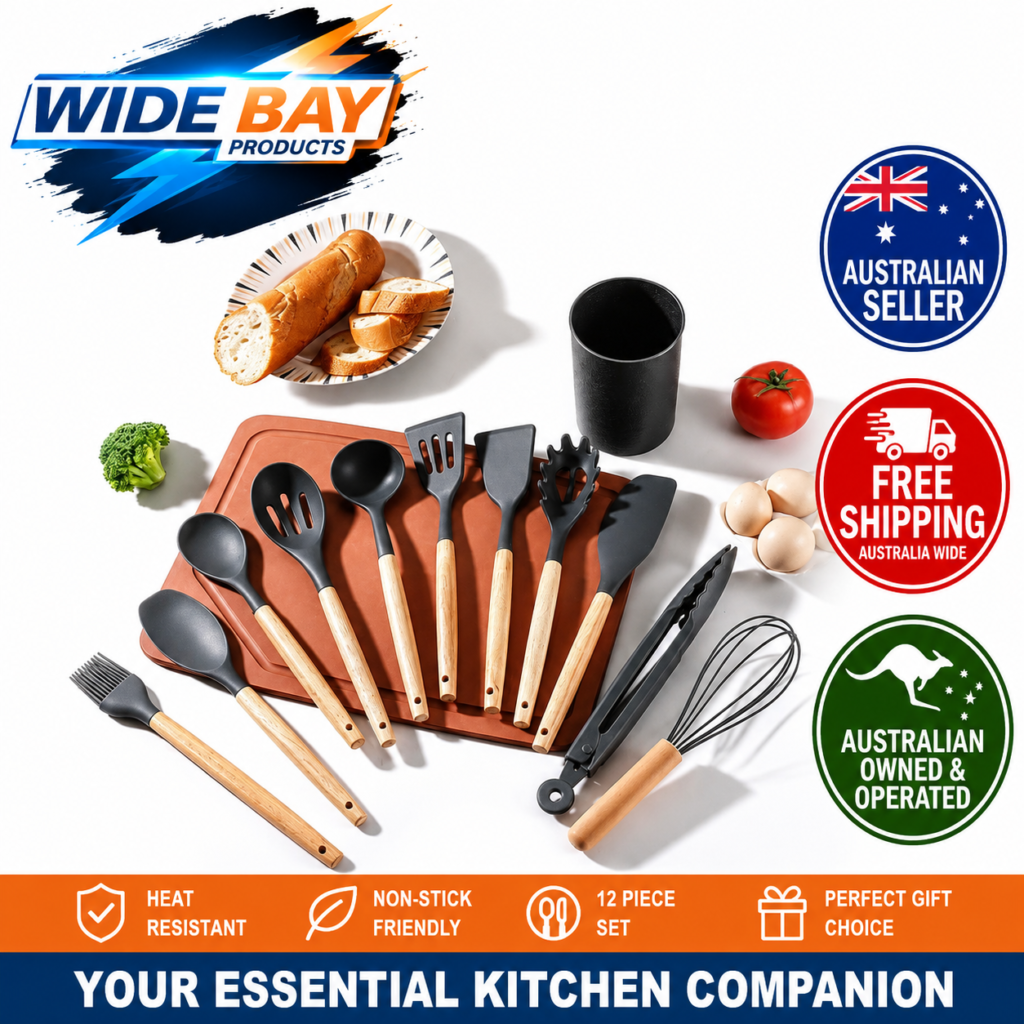12-Piece Silicone Kitchen Utensil Set with Wooden Handles Heat Resistant Non-Stick Cooking Tools Khaki