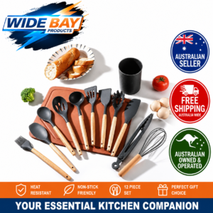 12-Piece Silicone Kitchen Utensil Set with Wooden Handles Heat Resistant Non-Stick Cooking Tools Khaki