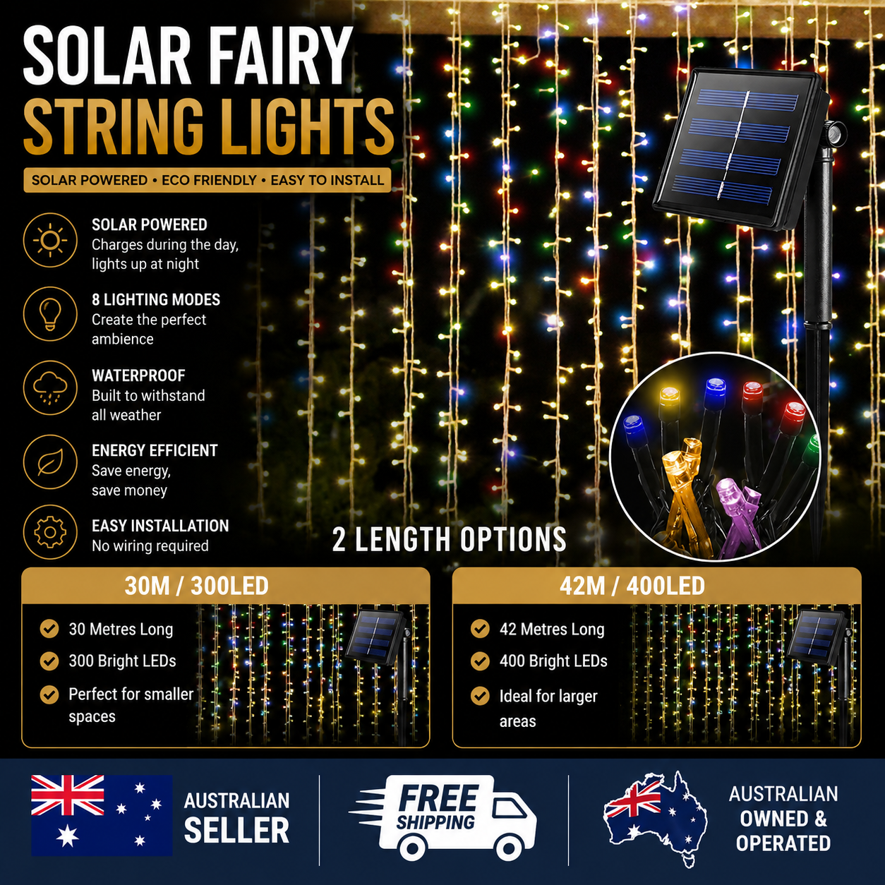 EMITTO Solar Fairy String Lights 30m 300 LED or 42m 400 LED Outdoor Waterproof Garden Lights Warm White Cool White Multi Colour
