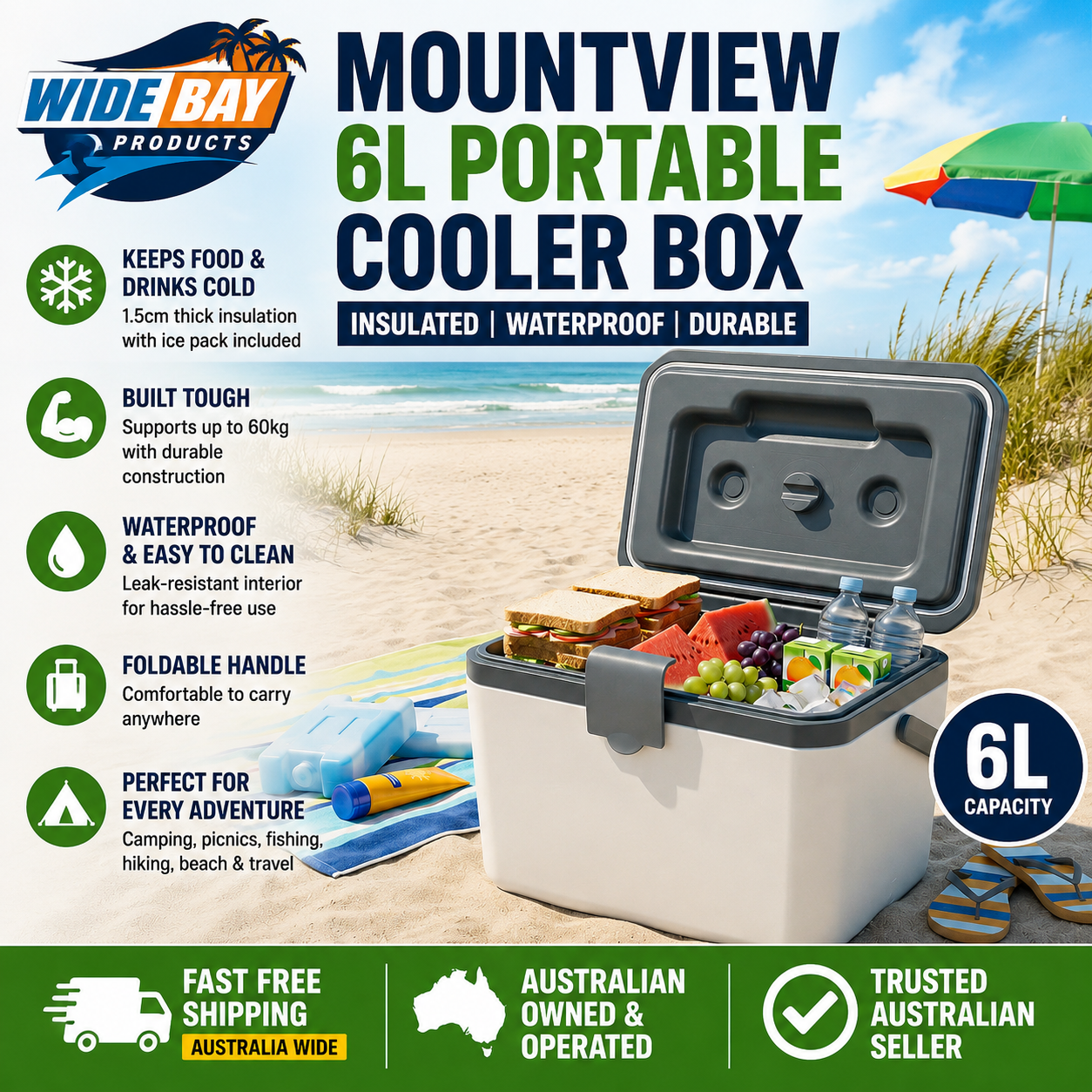 Mountview 6L Portable Insulated Cooler Box Waterproof Esky Ice Box for Camping Picnic Hiking Travel