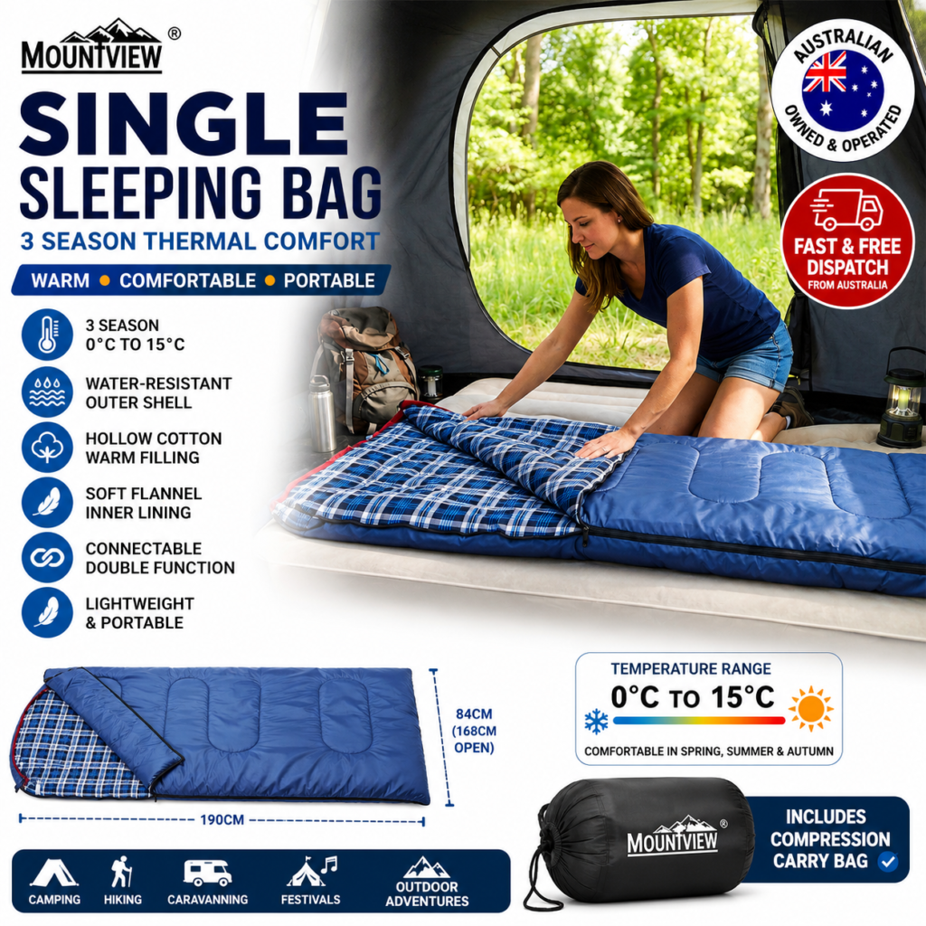 Mountview Single Sleeping Bag 3 Season Camping Hiking Thermal Sleeping Bag Blue 0°C to 15°C Waterproof Flannel Adult