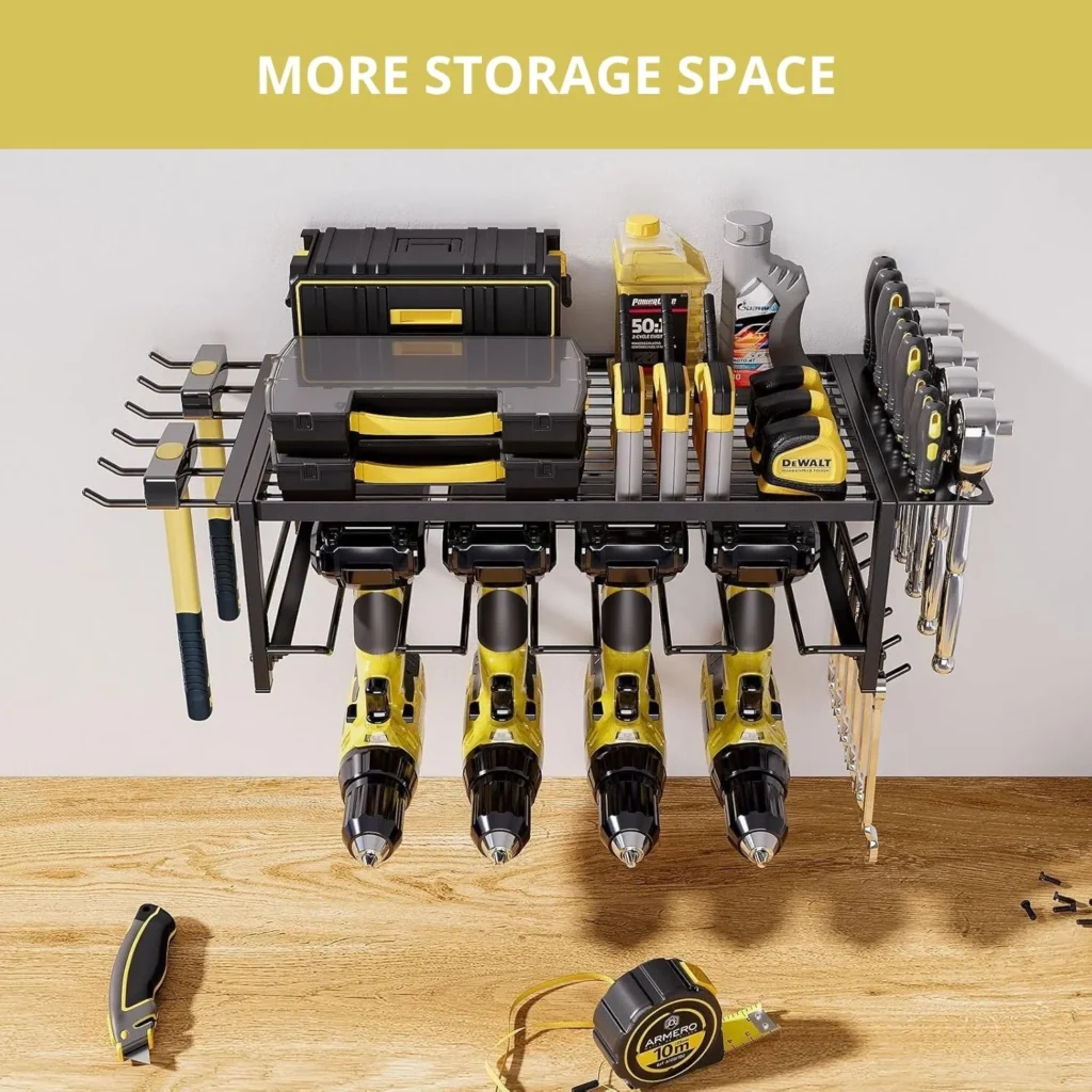 CARLA HOME 2 Tier Power Tool Rack Wall Mount Drill Holder Garage Workshop Storage Organizer with Wrench Hooks