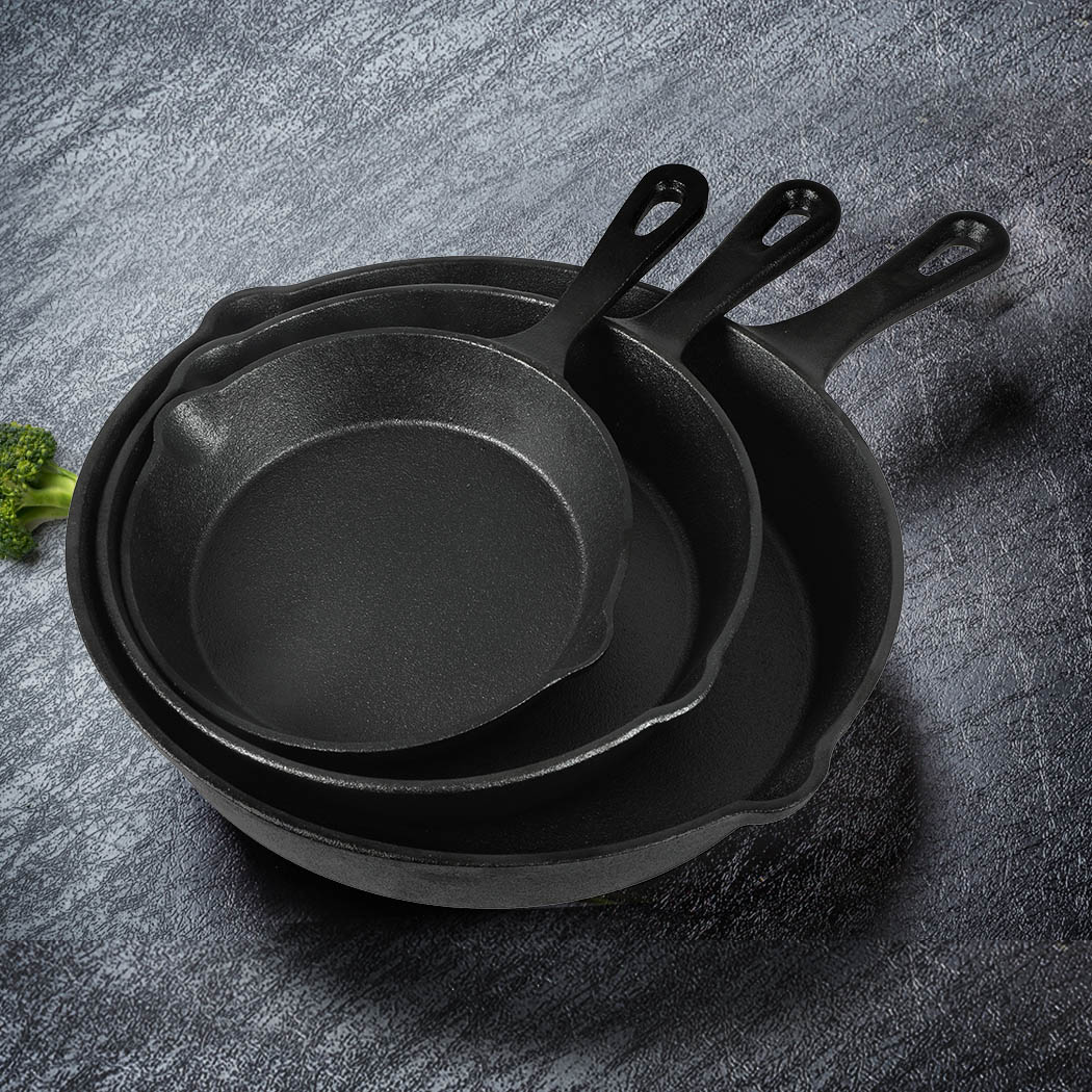 TOQUE 3 Piece Cast Iron Frying Pan Set Non Stick Skillet Cookware for Gas Induction Oven BBQ - Image 2