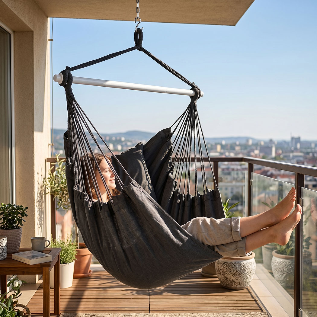 Mountview Hanging Hammock Chair Swing Seat with 2 Cushions Indoor Outdoor Garden Patio Camping 150kg Grey - Image 9