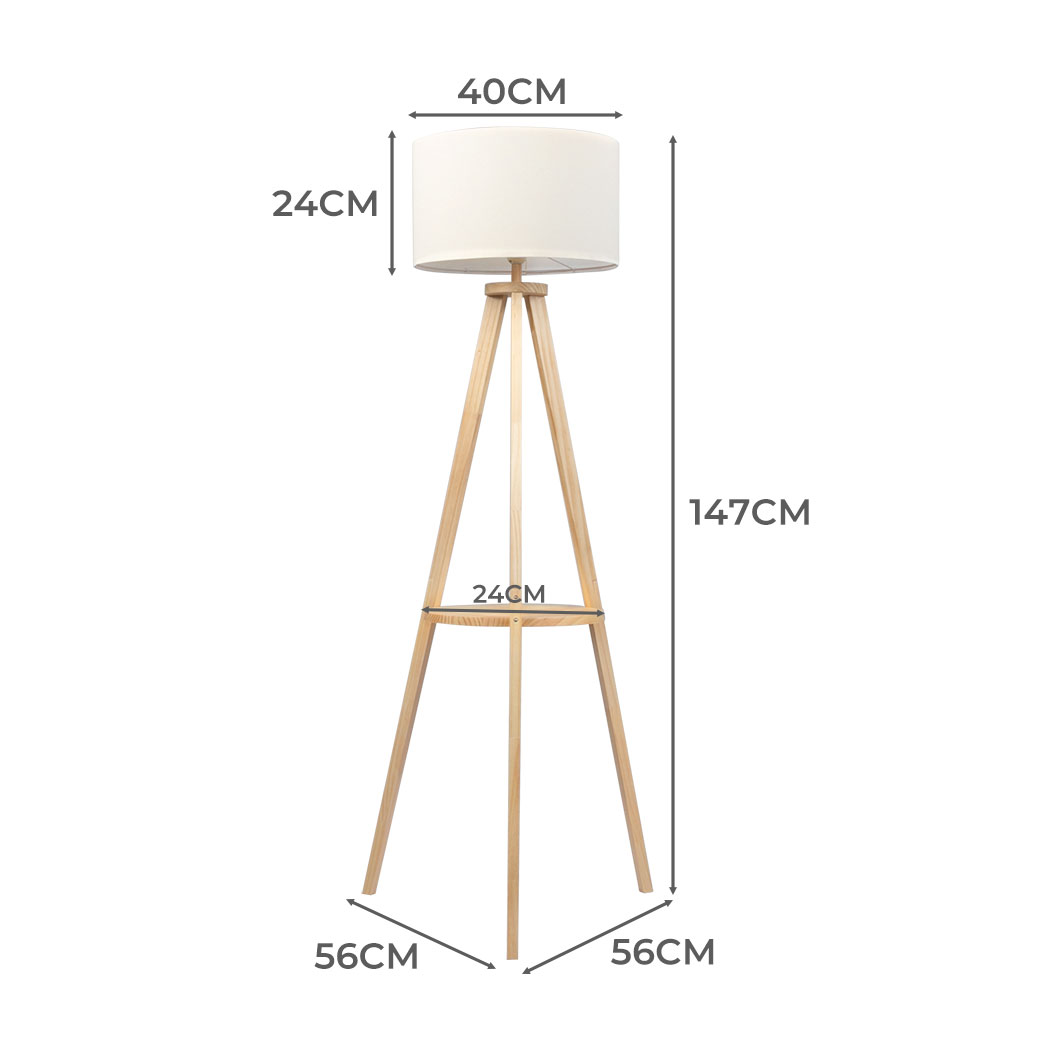 EMITTO Wooden Tripod Floor Lamp with Shelf E27 Standing Reading Lamp Natural - Image 5