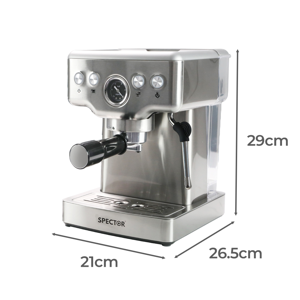 SPECTOR 20 Bar Espresso Coffee Machine with Milk Frother, 1350W Coffee Maker, Pre-Infusion, Single & Double Shot, 350ml Milk Jug, Silver - Image 4