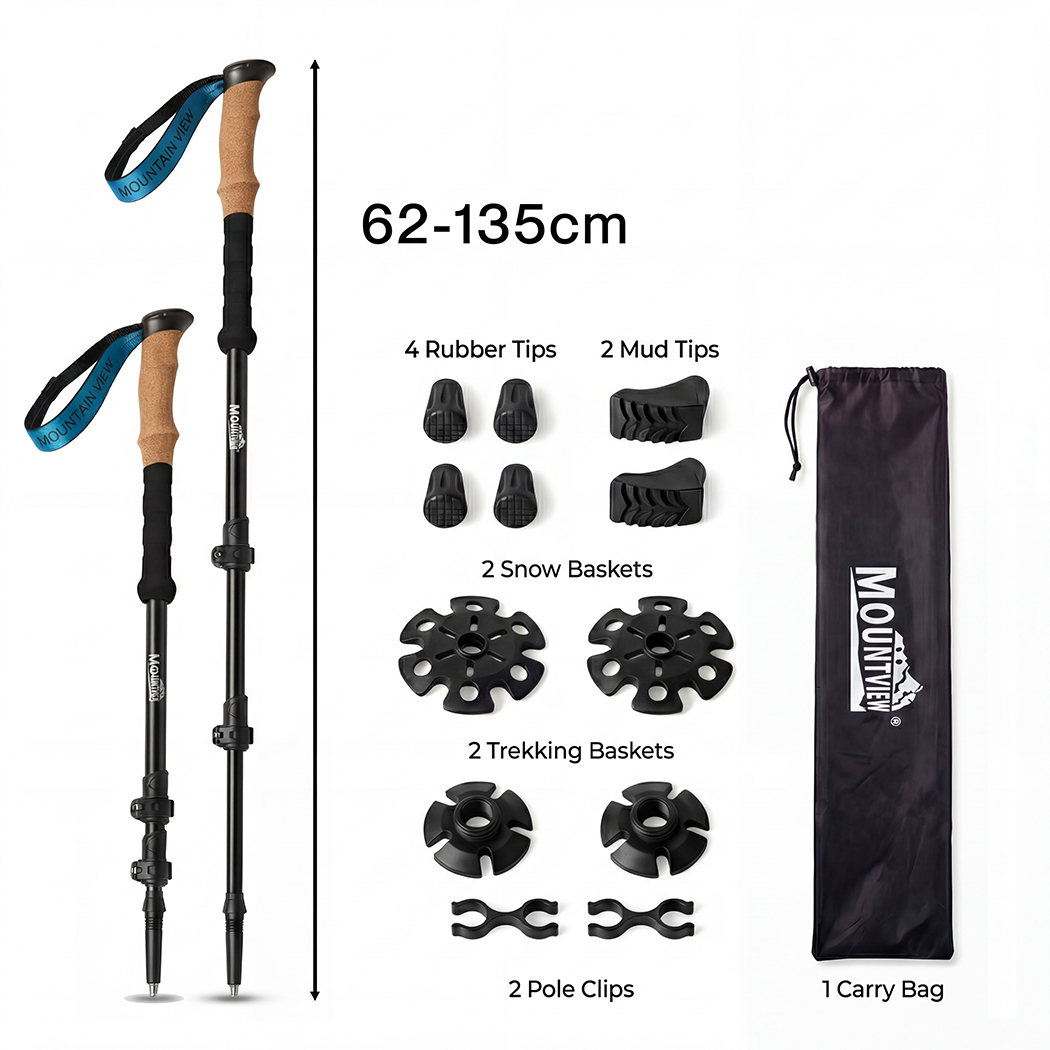 Mountview Adjustable Trekking Poles 2 Pack Lightweight Hiking Walking Sticks Aluminium Grey Black - Image 2