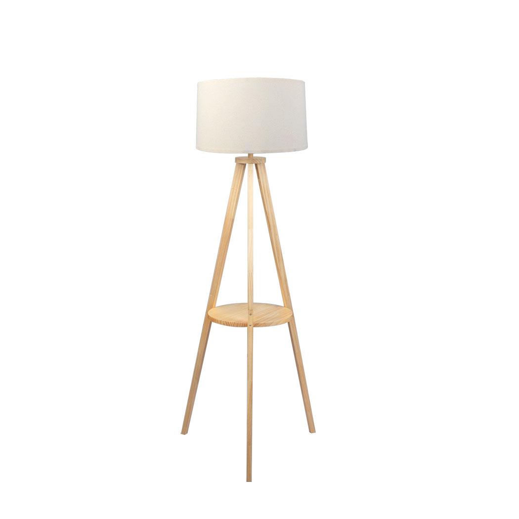 EMITTO Wooden Tripod Floor Lamp with Shelf E27 Standing Reading Lamp Natural - Image 6