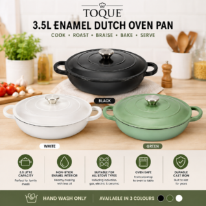 TOQUE 3.5L Enamel Cast Iron Dutch Oven Casserole Pan with Lid - Non-Stick Shallow Pot for Induction, Gas & Oven - Black, Green or White