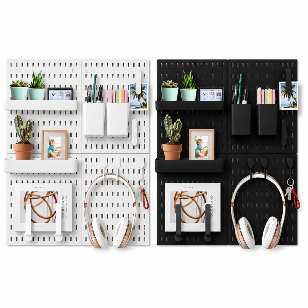 CARLA HOME Pegboard Wall Organiser Kit 4 Panel with 18 Accessories Modular Storage Board Black or White