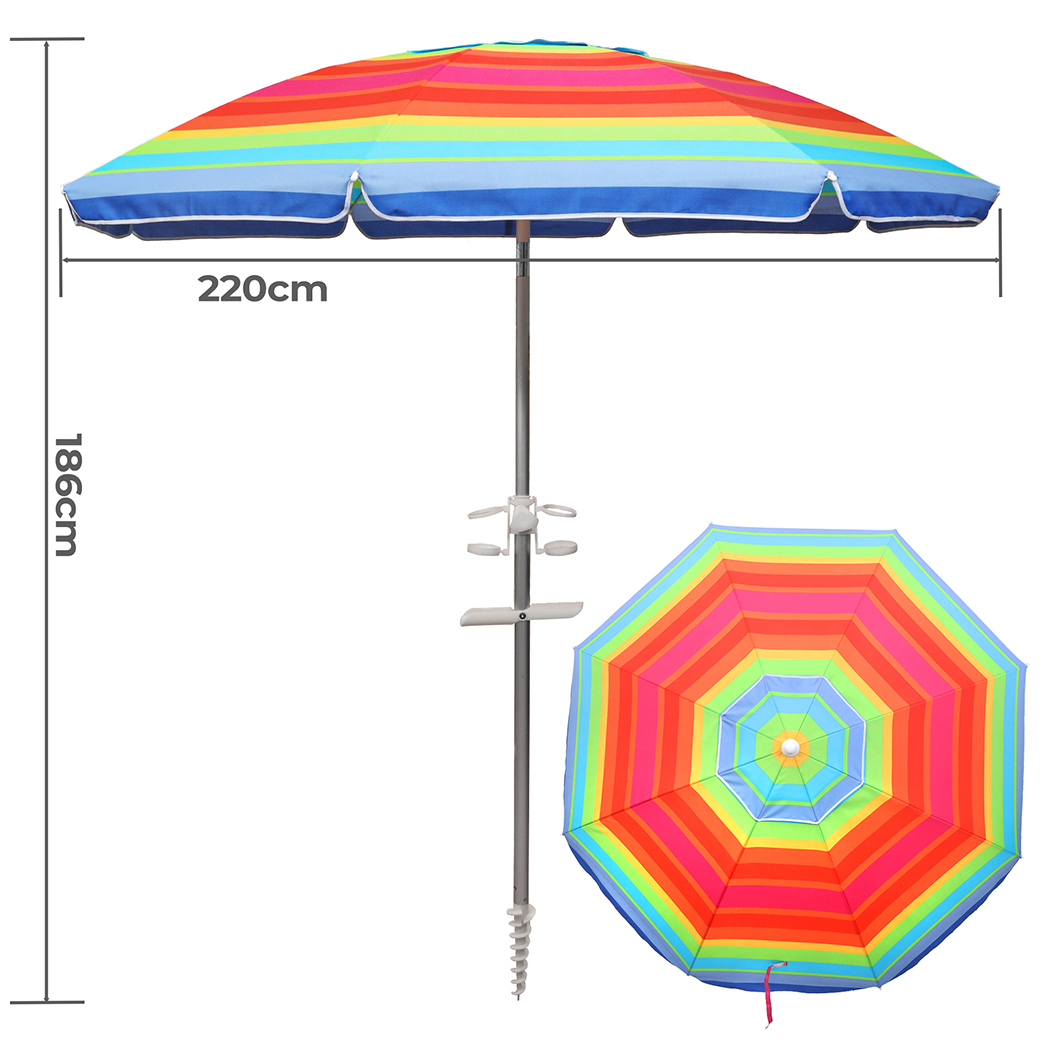 Mountview 2.2m Beach Umbrella UV Protection Outdoor Patio Shade Sun Umbrella with Sand Anchor Carry Bag Blue Rainbow - Image 4