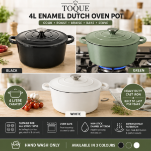 TOQUE 4L Cast Iron Enamel Dutch Oven Pot with Lid Casserole Dish for Induction Gas Oven - Black Green White