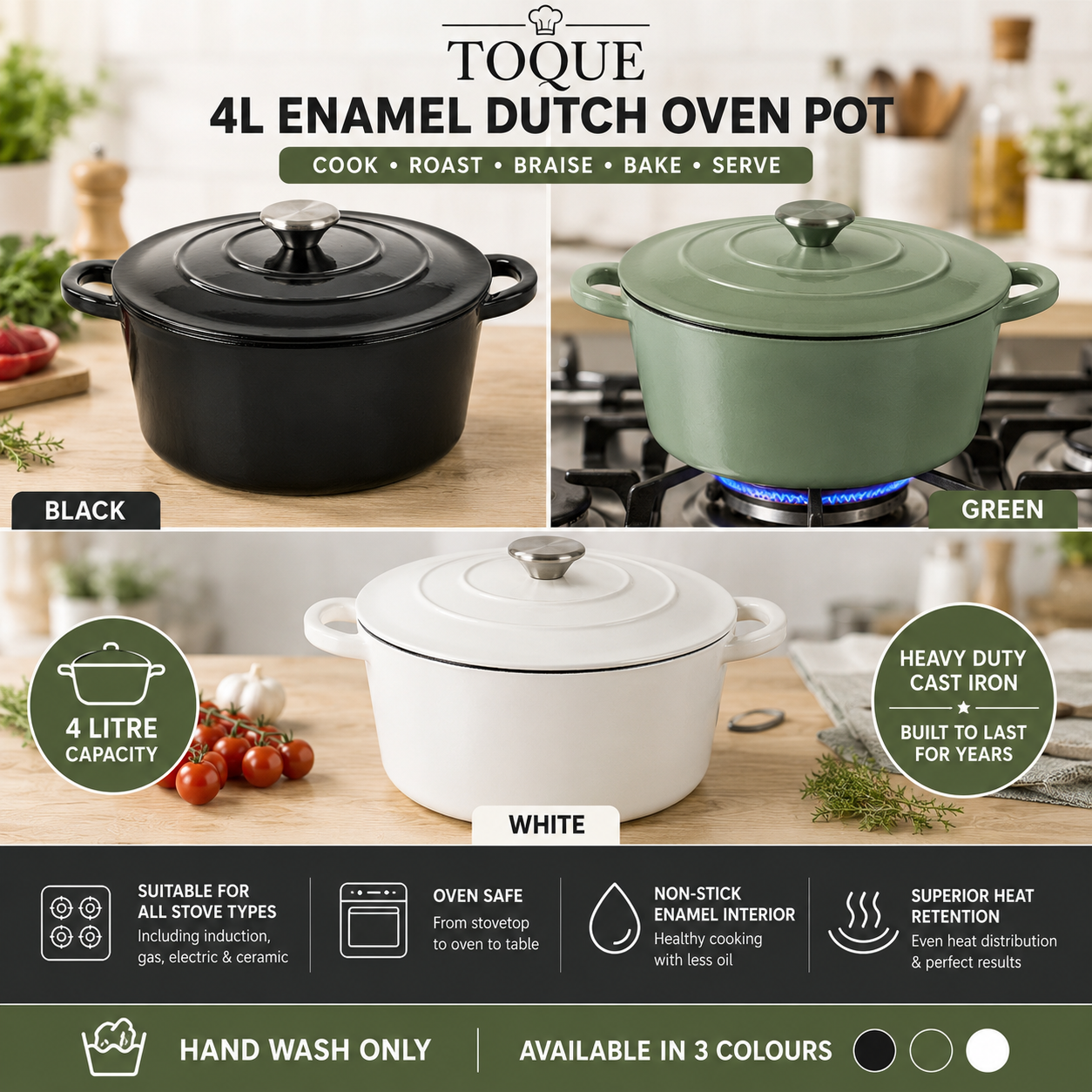 TOQUE 4L Cast Iron Enamel Dutch Oven Pot with Lid Casserole Dish for Induction Gas Oven - Black Green White