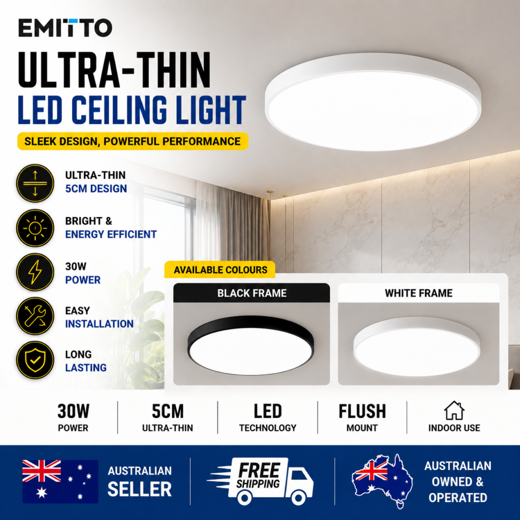 EMITTO 30W Ultra Thin Round LED Ceiling Light Flush Mount Panel Lamp Black or White Frame Cool White 40cm