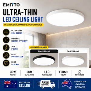 EMITTO 30W Ultra Thin Round LED Ceiling Light Flush Mount Panel Lamp Black or White Frame Cool White 40cm