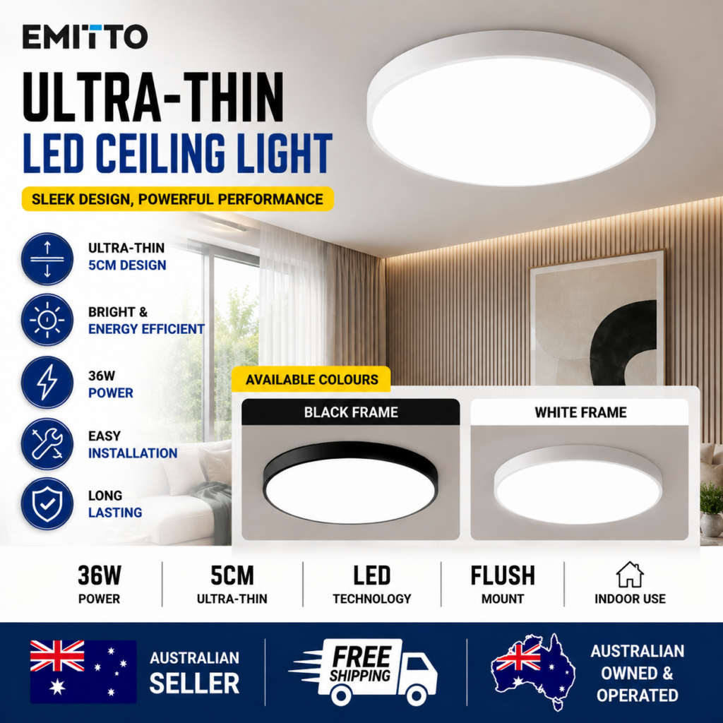 EMITTO 36W Ultra-Thin Round LED Ceiling Light 50cm Flush Mount Lamp Cool White Black or White Frame