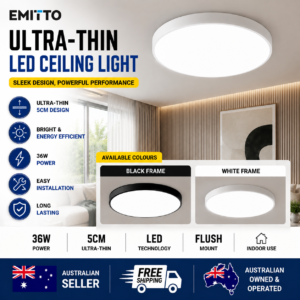 EMITTO 36W Ultra-Thin Round LED Ceiling Light 50cm Flush Mount Lamp Cool White Black or White Frame