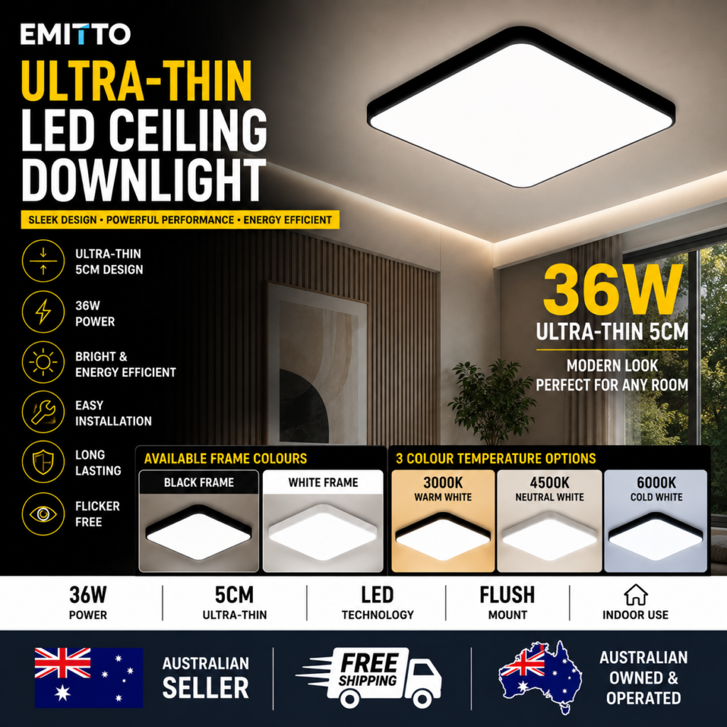 EMITTO 36W 3-Colour LED Square Ceiling Light Ultra-Thin 5cm Flush Mount Light Black or White Frame