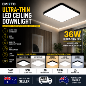 EMITTO 36W 3-Colour LED Square Ceiling Light Ultra-Thin 5cm Flush Mount Light Black or White Frame