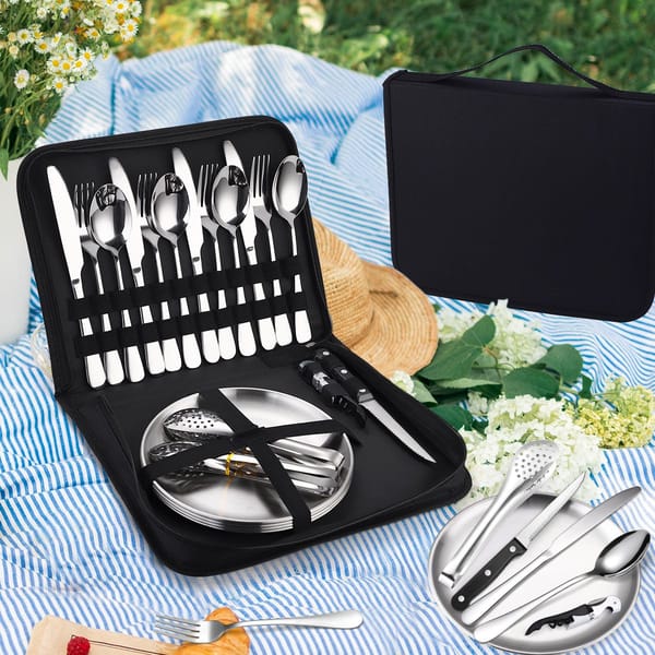 20-Piece Camping Cutlery & Tableware Set with Carry Case – Stainless Steel Picnic Utensils, Plates & Bottle Opener - Image 2