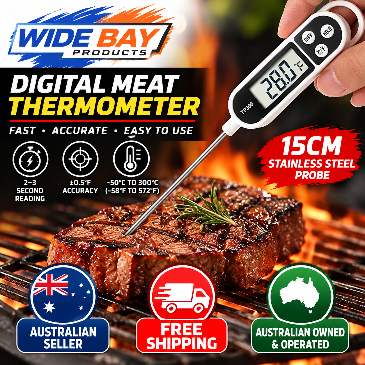 Digital Meat Thermometer Instant Read Food Thermometer with 15cm Stainless Steel Probe – BBQ, Cooking & Frying