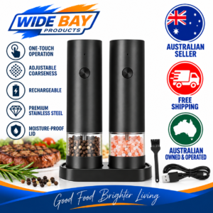 2 Piece Rechargeable Salt & Pepper Grinder Set – Electric Black Spice Mills with Storage Base