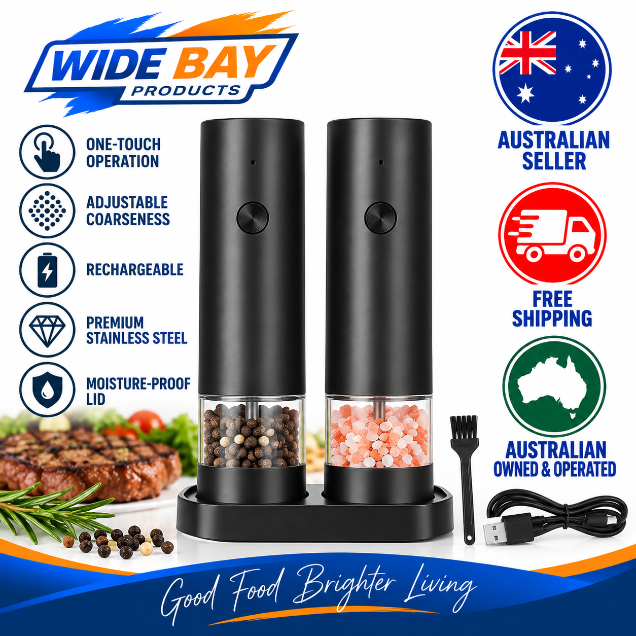 2 Piece Rechargeable Salt & Pepper Grinder Set – Electric Black Spice Mills with Storage Base