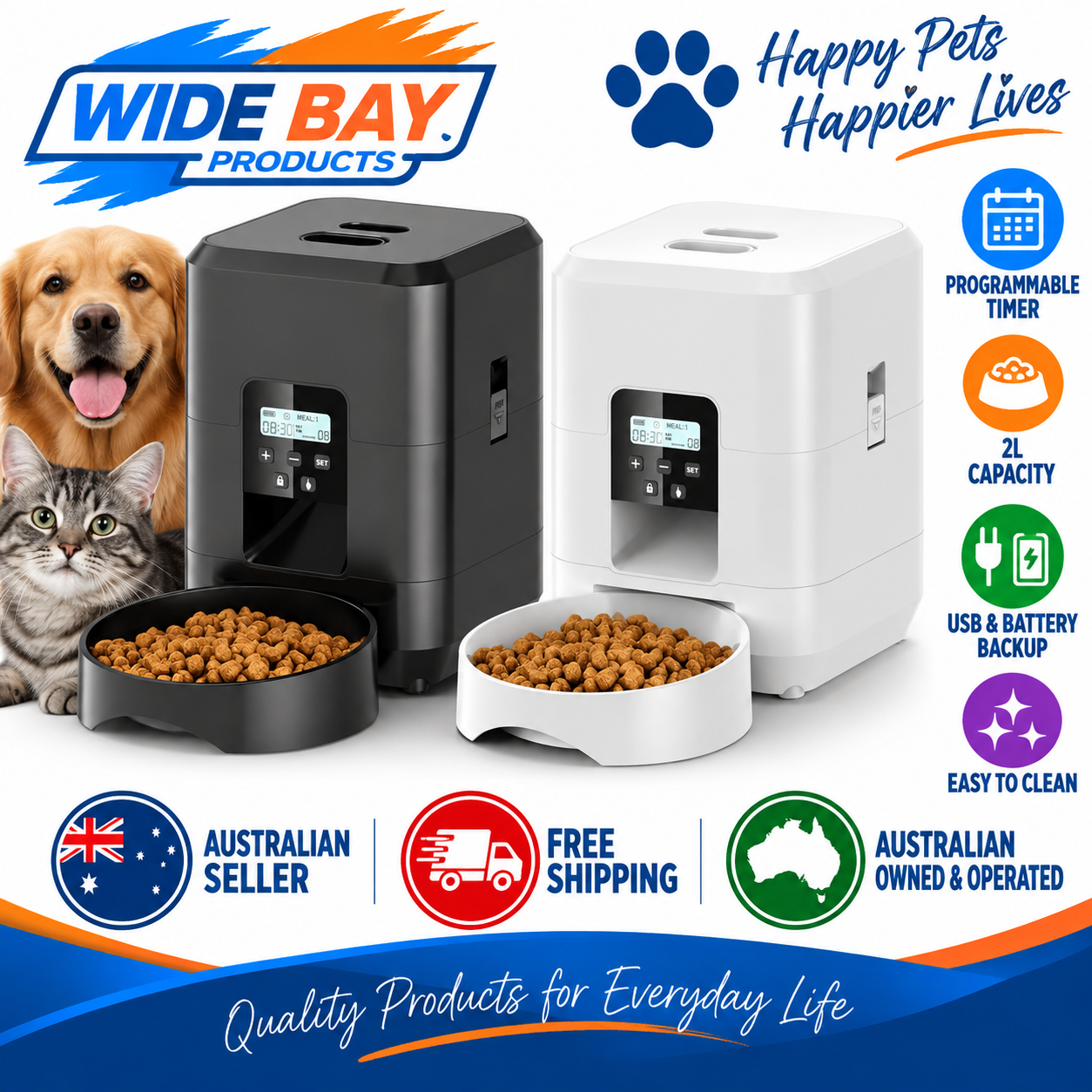 Smart Timed Pet Feeder 2L Automatic Cat & Dog Food Dispenser with Programmable Portions, LCD Display, USB & Battery Backup