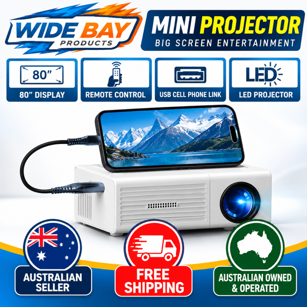 Portable 1080P Mini Projector – USB HDMI Home Theatre Projector with Remote Control, White