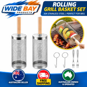 304 Stainless Steel Rolling Grill Basket Set with Removable Wooden Handle – BBQ Vegetable & Seafood Grill Basket