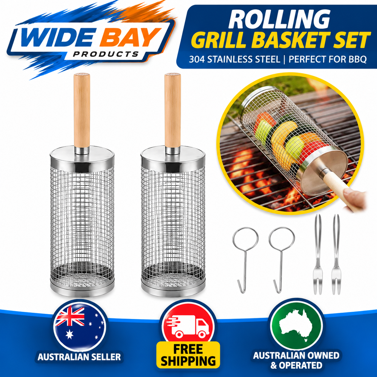 304 Stainless Steel Rolling Grill Basket Set with Removable Wooden Handle – BBQ Vegetable & Seafood Grill Basket