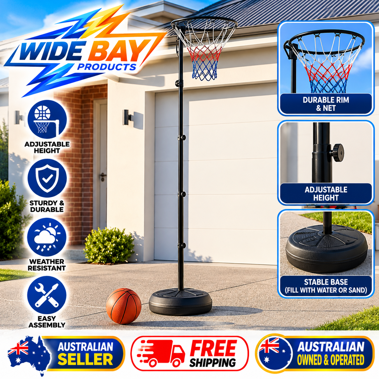 Portable Netball Ring with Stand – Height Adjustable 1.33m–3.05m