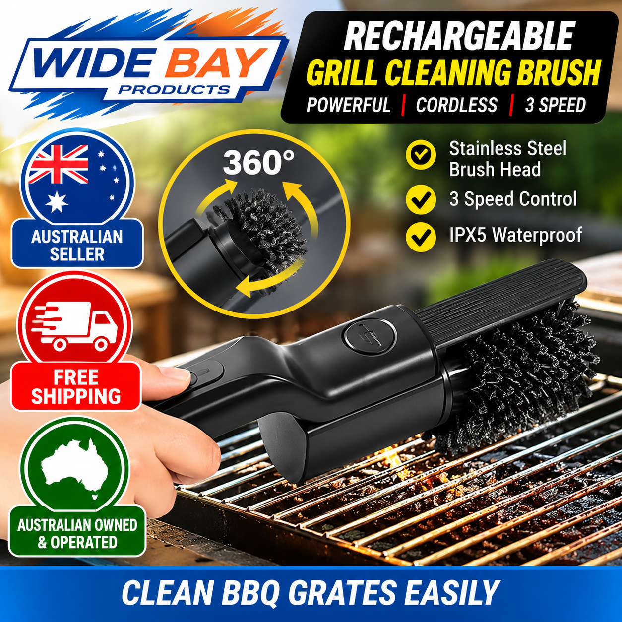 Rechargeable Electric Grill Cleaning Brush Cordless 3-Speed Stainless Steel BBQ Cleaner