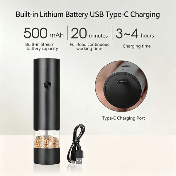 2 Piece Rechargeable Salt & Pepper Grinder Set – Electric Black Spice Mills with Storage Base - Image 3