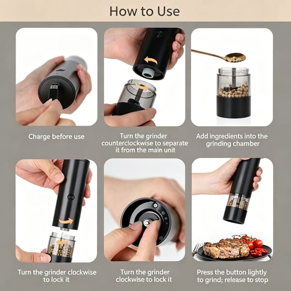 2 Piece Rechargeable Salt & Pepper Grinder Set – Electric Black Spice Mills with Storage Base - Image 4