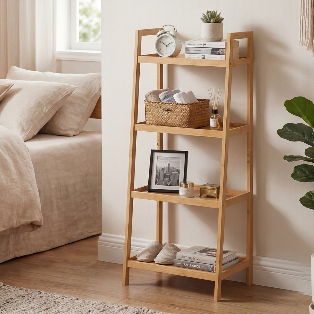 Levede Bamboo Ladder Shelf 4 Tier Bookshelf Plant Stand Storage Rack Organiser Natural - Image 8