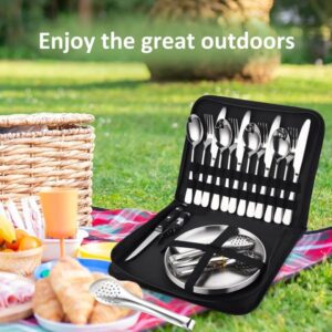 20-Piece Camping Cutlery & Tableware Set with Carry Case – Stainless Steel Picnic Utensils, Plates & Bottle Opener