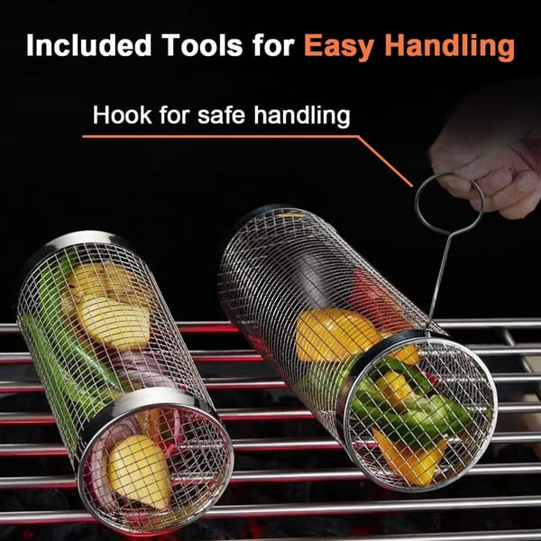 304 Stainless Steel Rolling Grill Basket Set with Removable Wooden Handle – BBQ Vegetable & Seafood Grill Basket - Image 5