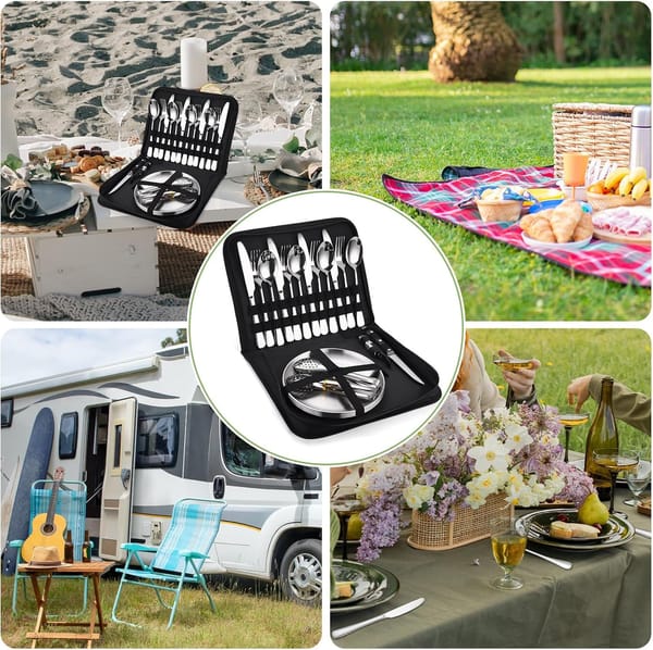 20-Piece Camping Cutlery & Tableware Set with Carry Case – Stainless Steel Picnic Utensils, Plates & Bottle Opener - Image 4