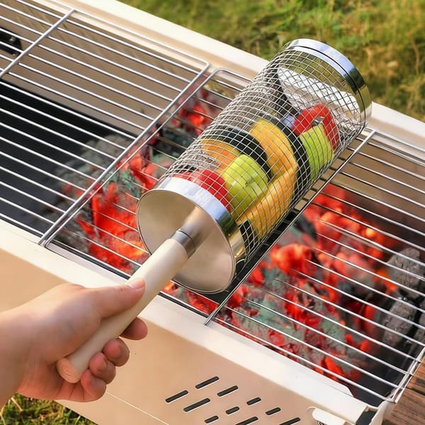304 Stainless Steel Rolling Grill Basket Set with Removable Wooden Handle – BBQ Vegetable & Seafood Grill Basket - Image 4