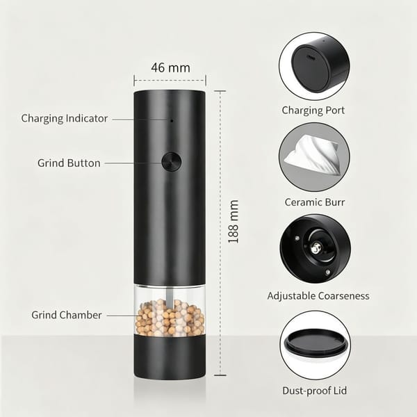 2 Piece Rechargeable Salt & Pepper Grinder Set – Electric Black Spice Mills with Storage Base - Image 6