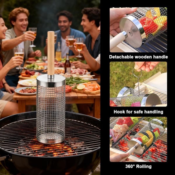 304 Stainless Steel Rolling Grill Basket Set with Removable Wooden Handle – BBQ Vegetable & Seafood Grill Basket - Image 3