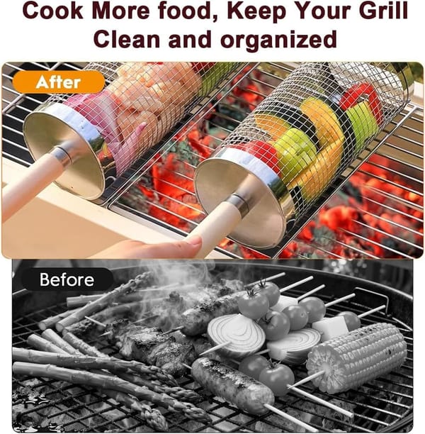 304 Stainless Steel Rolling Grill Basket Set with Removable Wooden Handle – BBQ Vegetable & Seafood Grill Basket - Image 2