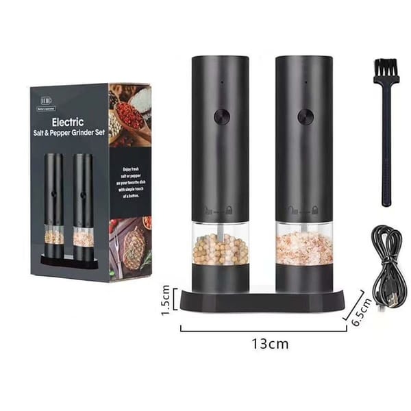 2 Piece Rechargeable Salt & Pepper Grinder Set – Electric Black Spice Mills with Storage Base - Image 2