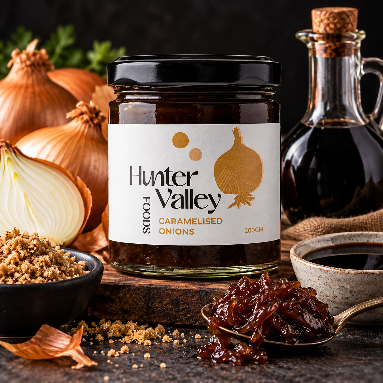 Hunter Valley Foods Caramelised Onions 200g – Rich Balsamic Onion Relish | Gluten Free Vegan Friendly
