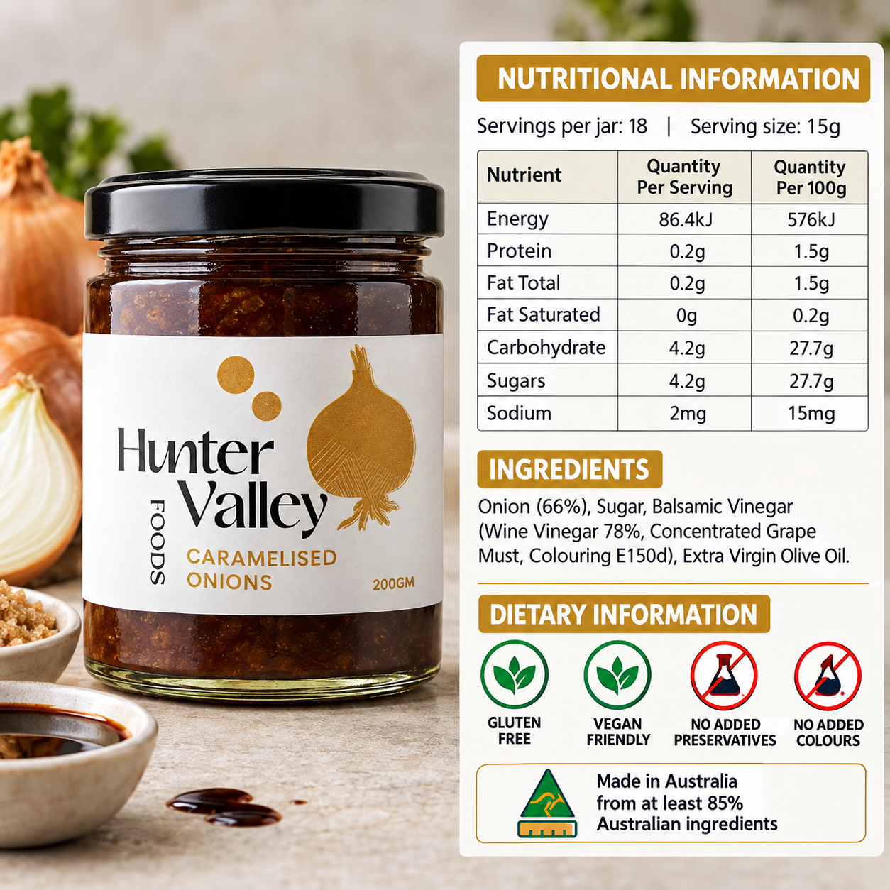 Hunter Valley Foods Caramelised Onions 200g – Rich Balsamic Onion Relish | Gluten Free Vegan Friendly - Image 2