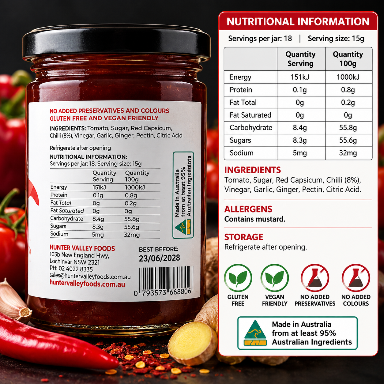Hunter Valley Foods Sweet Chilli Jam 200g – Australian Made Gluten Free Vegan - Image 2